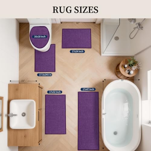 YIHOUSE Purple Bathroom Rugs Sets 5 Piece, Quick Dry Thin Bath Mat with Toilet Rug - Non Slip Absorbent Machine Washable - Bath Runner Rugs for Bathtub Sink Home Decor - Image 2
