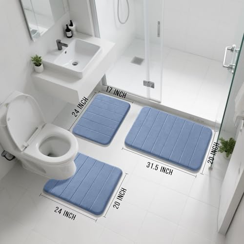 Yimobra Memory Foam Bath Mat Set 3 Pieces- Super Soft Absorbent Quick Dry Bathroom Rug Sets, Machine Washable Non Slip Floor Carpet for Tub Shower, Vanity & Toilet Base, Denim Blue - Image 2