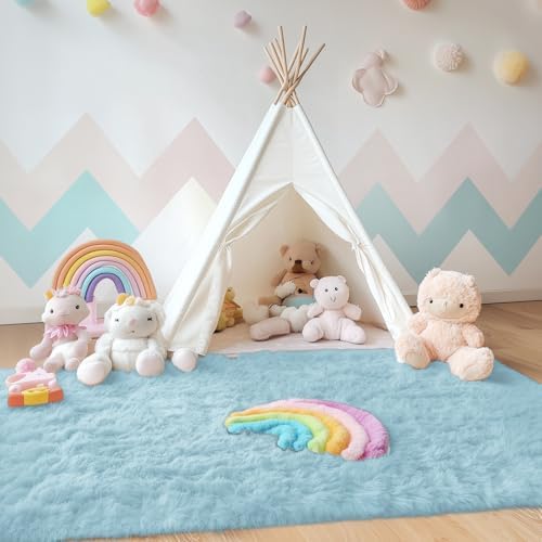 OLANLY Area Rugs for Living Room Bedroom, Machine Washable 4x5.9 ft Soft Fluffy Shaggy Bedside Rug, Indoor Floor Carpet for Kids Girls and Boys, Dorms, Nursery Rooms, Home Decor Aesthetic, Light Blue - Image 3