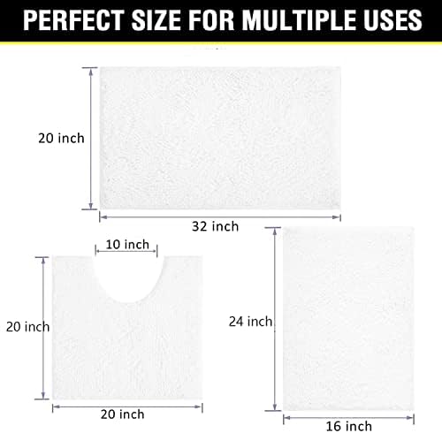 White Bathroom Rugs Chenille 3-Piece Extra Soft and Absorbent Shag White Bath Mat, Machine Wash Mat, Strong PVC Non-Slip Underside, Plush Carpet Mats - Image 2