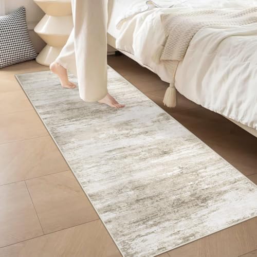 Washable 2x6 Runner Rug for Hallway: Kitchen Runner Non Slip Neutral Soft Abstract Modern Low Pile Stain Resistant Carpet Runner for Bedroom Beside Entryway Bathroom Laundry Indoor (Beige, 2'x6') - Image 3