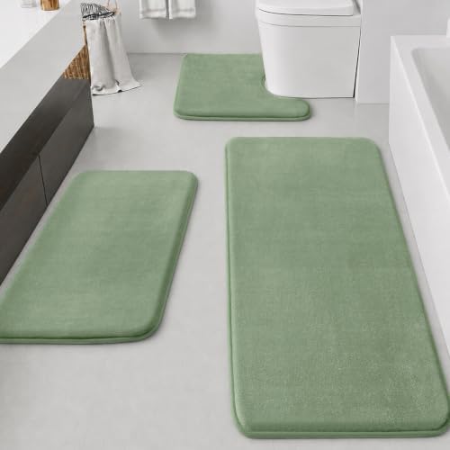 HUXMEYSON Bathroom Rugs Sets 3 Piece, Non-Slip & Quick Dry Bath Mat Set, Ultra Soft Velvet Bath Rugs for Bathroom, Toilet and Shower Floor, Grey Green by HUXMEYSON