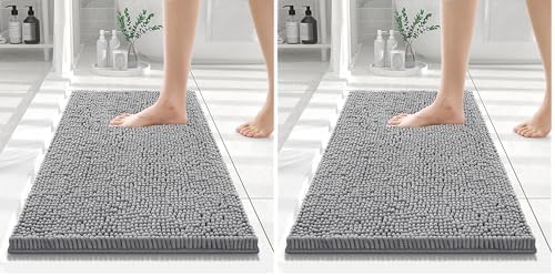 Smiry Luxury Chenille Bath Rug 24''x16'', Extra Soft and Absorbent Shaggy Bathroom Mat Rugs, Machine Washable, Non-Slip Plush Carpet Runner for Tub, Shower, and Bath Room, Dark Grey (Pack of 2) by Smiry