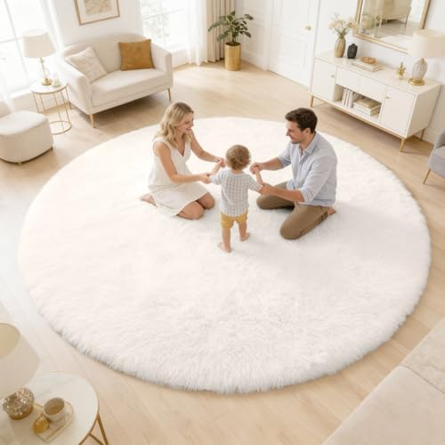 OLANLY Ivory Round Rugs for Bedroom - Machine Washable, 7 ft Circle Area Rugs for Living Room, Soft and Fluffy Shaggy Carpet for Teen Girls and Boys, Nursery Rooms, Dorms, Home Decor Aesthetic by OLANLY