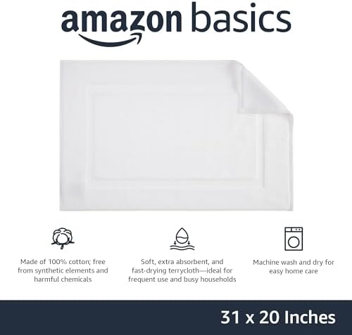 Amazon Basics Non-Slip Cotton Bath Mat, 100% Cotton Absorbent, Machine Washable, 31" L x 20" W, Bright White (Pack of 2) - Image 4