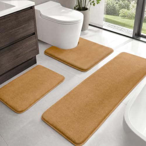 HUXMEYSON Bathroom Rugs Sets 3 Piece, Non-Slip & Quick Dry Bath Mat Set, Ultra Soft Velvet Bath Rugs for Bathroom, Toilet and Shower Floor, Khaki by HUXMEYSON