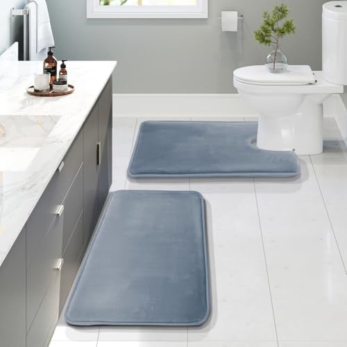 Clara Clark 2 Piece Bathroom Rugs, Velvet Memory Foam Bath Mat Set, Non-Slip Bath Rugs, Machine Wash, Dries Quickly, Ultra Soft Plush Bath Mats for Bathroom, 20 x 32 + Contour, Stone Blue by ClaraClark