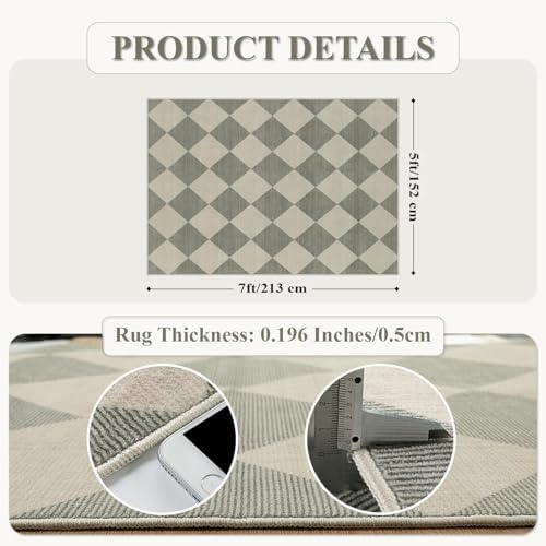Beeiva Checkered Print 5x7 Rugs for Living Room, Non Slip Soft Green Rugs for Bedroom Ultra Thin Washable Rugs 5x7, Moroccan Farmhouse Carpet for Playroom Kids Room, Classic Classroom Dorm Home Decor - Image 2