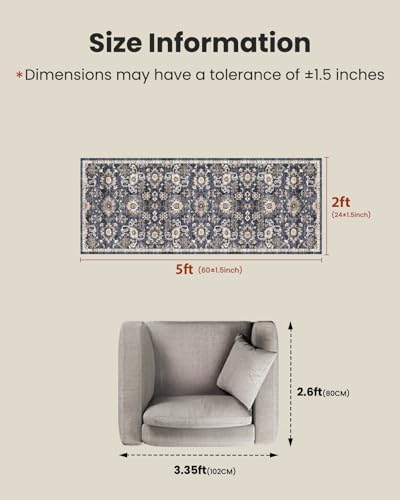 Amada 2x5 Washable Runner Rug for Kitchen, Blue/Brown, Vintage Pattern - Image 2