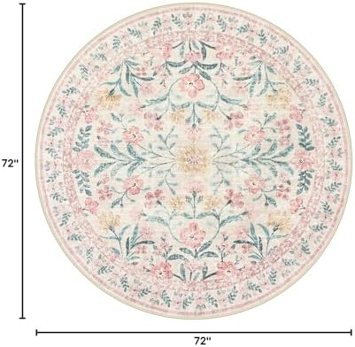 Wonnitar Washable Round Rugs 6ft, Pink Floral Circle Rug Large Round Carpet for Bedroom, Boho Soft Ultra-Thin Circular Carpets for Kids Playroom Living Room Nursery - Image 2