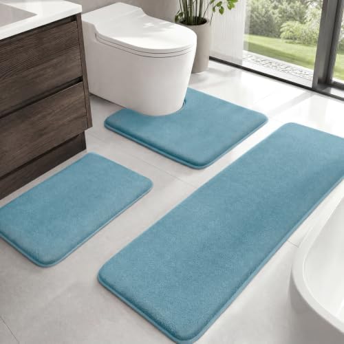 HUXMEYSON Bathroom Rugs Sets 3 Piece, Non-Slip & Quick Dry Bath Mat Set, Ultra Soft Velvet Bath Rugs for Bathroom, Toilet and Shower Floor, Lake Blue by HUXMEYSON