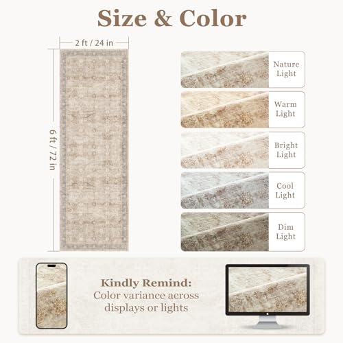 Beige Neutral 2x6 Runner Rug for Hallways Entryway, Vintage Earth Tone Kitchen Bathroom Runner 6ft, Non Slip Washable Low Pile Thin Carpet Runner for Mudroom/Laundry Room/Bedroom Bedside - Image 2