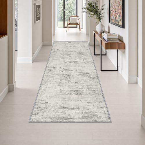 3x8 Washable Runner Rug：Modern Abstract Kitchen Soft Carpet Gray by FXRHLP