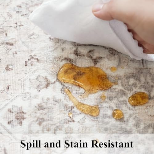 4x5 Living Room Area Rugs: Washable Farmhouse Bedside Rugs Non Slip Low Pile Vintage Small Carpet for Kitchen Bedroom Non-Shedding Printed Floor Mat for Nursery Room Office Dining Room(4x5，Beige) - Image 4