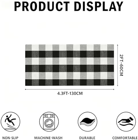 SEEKSEE Fall Decor Buffalo Plaid Outdoor Rug 24x52 Black and White Front Door Mat, Layering Rug for Porch, Washable Doormat, Cotton Area Rug for Outdoor Entrance Entryway Patio Porch Decor - Image 2