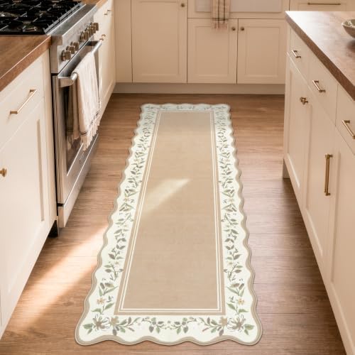Lahome Kitchen Runner Rug 2x6, Beige Scalloped Floral Rug by Lahome
