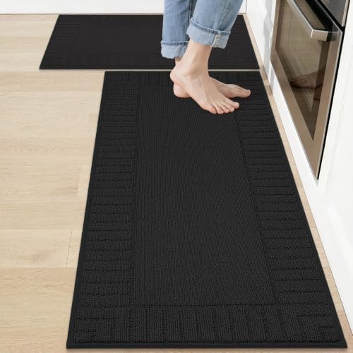BEQHAUSE Kitchen Rugs Non Slip Washable 2PCS, 20"x30"+20"x48", Black by BEQHAUSE