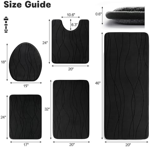 YIHOUSE Bathroom Rugs Set 5 Piece, Memory Foam Bath Mat Black - Image 2