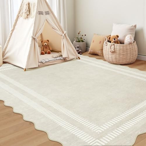Washable 6x9 Area Rugs for Living Room, Solid Ivory Ultra-Thin Bedroom Rug Non-Slip Dining Room Rugs, Soft Scalloped Carpet for Nursery Kids Room Office - Image 3
