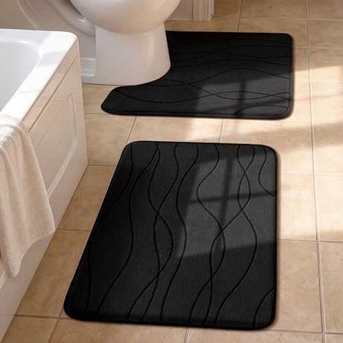 YIHOUSE Bathroom Rugs Set 2 Piece, Memory Foam Bath Mat Black by YIHOUSE