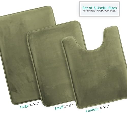 Clara Clark 3 Piece Bathroom Rugs Bath Mat Set, Velvet Memory Foam Bath Mats for Bathroom - Non-Slip, PVC Backing Bath Rugs, Washable - Dries Quickly, Green - Image 3