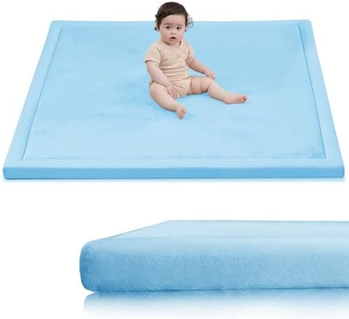 Huloo Sleep Baby Play Mat for Floor,1.3" Thick Memory Foam Tummy Time Mat,Soft Coral Velvet Nursery Rug,Extra Large Non Slip Crawling Mats for Living Room （Light Blue） by HulooSleep