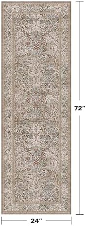 2x6 Washable Bathroom Runner Rug Non Slip - Moss Green Small Runner Rug for Kitchen, Bedroom, Hallway, Stain Resistant Kitchen Floor Mat, Ultra Soft Vintage Oriental Taupe Brown Décor Low Pile - Image 2