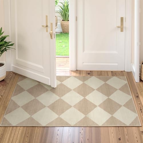 Beeiva Checkered Print Washable Runners for Hallways 2x4, Ultra Thin Beige Small Rugs for Entryway Low Pile Non Slip Bathroom Rug, Modern Geometric Decor Neutral Throw Rug for Kitchen Laundry Bedroom - Image 3