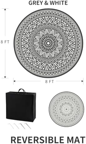 MontVoo Outdoor Rug Carpet Waterproof Round 8ft Outdoor Patio Rug Mat Reverisble Plastic Straw Outdoor Rug for RV Camping Picnic Beach Balcony Boho Grey - Image 2