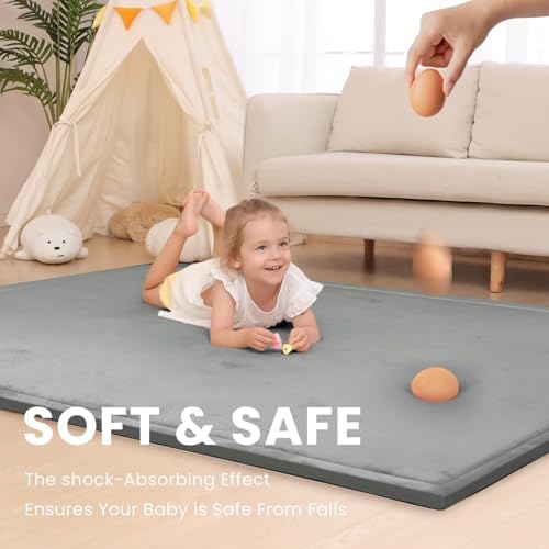Huloo Sleep Ultra Soft Baby Play Mat for Floor, 1.3" Thick Elasti-Foam 65x50 Play Mat for Playpen,Water-Repellent Coral Velvet for Tummy Time, Non-Slip Backing,Safe for Toddlers & Infants（Dark Grey） - Image 3