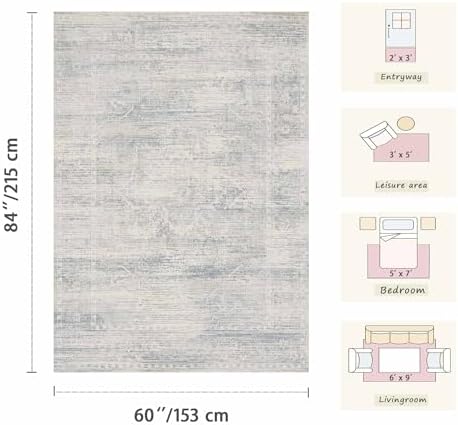 3x5 Entryway Blue Area Rugs, Vintage Washable Rugs Boys Bedroom - Image 2
