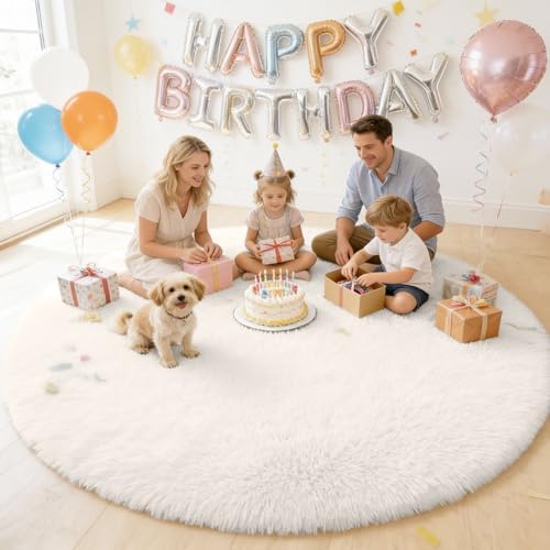 OLANLY Ivory Round Rugs for Bedroom - Machine Washable, 8 ft Circle Area Rugs for Living Room, Soft and Fluffy Shaggy Carpet for Teen Girls and Boys, Nursery Rooms, Dorms, Home Decor Aesthetic - Image 5