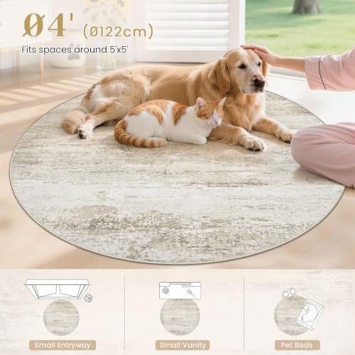 Washable Round Rug 4ft for Bedroom: Circle Neutral Soft Rug Abstract Non Slip Low Pile Modern Area Rugs for Living Room Nursery Office Dining Kids Boys Girls Room Farmhouse Dorm (Beige, 4' Round) - Image 6