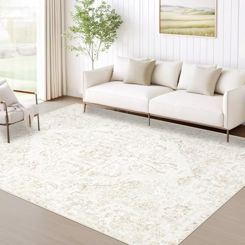 5x7 Area Rugs for Living Room: Washable Rug Vintage Large Rugs Soft Non Slip Low Pile Rug Floral Distressed Floor Carpet for Bedroom Kitchen Nursery Dining Room Home Office (Beige, 5'x7') by MXSANYOORUG