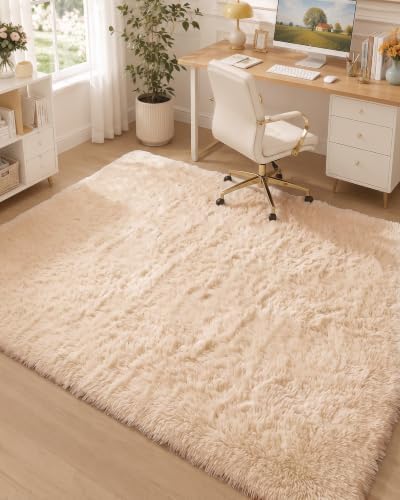 OLANLY Area Rugs for Living Room Bedroom, Machine Washable 4x5.9 ft Soft Fluffy Shaggy Bedside Rug, Indoor Floor Carpet for Kids Girls and Boys, Dorms, Nursery Rooms, Home Decor Aesthetic, Beige - Image 5