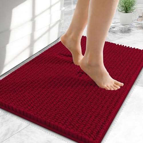 OLANLY Thick Chenille Small Bathroom Rugs 24x16, Absorbent Bath Mat, Red by OLANLY