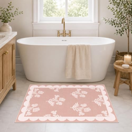 Pink Boho Bathroom Rug - 2x3 Scalloped Floral Girls Bedroom Rugs by Othilic