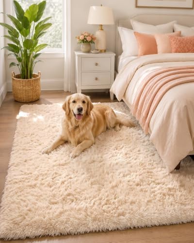 OLANLY 3x5 Machine Washable Small Bedside Rug, Soft Fluffy Shaggy Rugs for Living Room, Bedroom, Indoor Floor Carpet for Kids Girls and Boys, Preppy Dorms, Nursery, Home Decor Aesthetic, Beige - Image 5
