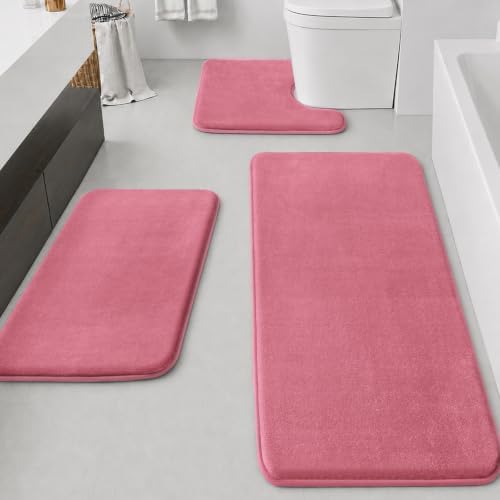 HUXMEYSON Bathroom Rugs Sets 3 Piece, Non-Slip & Quick Dry Bath Mat Set, Ultra Soft Velvet Bath Rugs for Bathroom, Toilet and Shower Floor, Pink by HUXMEYSON