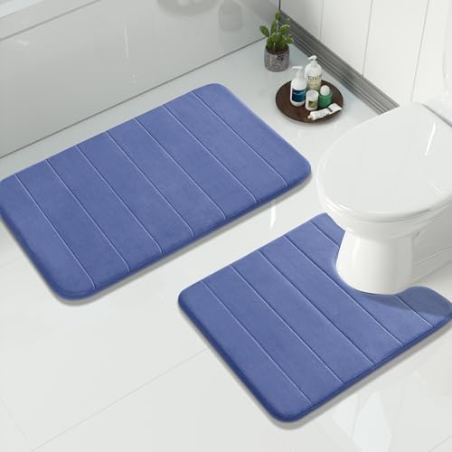 Yimobra Memory Foam Bathroom Mat Set, 31.5 x 20 & 24 x 20 in, Navy Blue by Yimobra