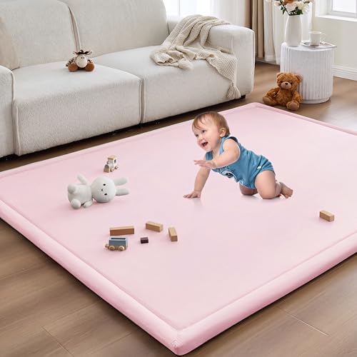 Baby Play Mat for Floor Nursery Rug Muscle Area Playroom Rug Elastic Foam 59x79" Playpenmat Elastic Foam 1.3" Thick Crawling Mat for Babies,Toddlers, Infants, Kids(Plaid Light Pink) by ILPEOD