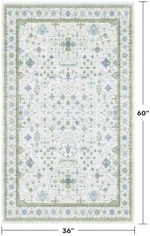 Blue and Green Washable Entryway Rugs 3x5 - Vintage Boho Floral Pastel Cream, Washable Low Pile Non Slip Small Throw Accent Area Rug for Door Mat Indoor Entrance, Kitchen, Bedroom Beside Bed Decor - Image 2