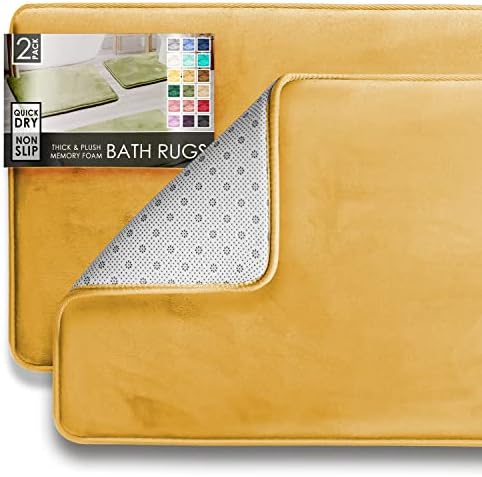 Clara Clark 2 Piece Bathroom Rugs Bath Mat Set, Velvet Memory Foam Bath Mats for Bathroom - Non-Slip, PVC Backing Bath Rugs, Washable - Dries Quickly, Gold by ClaraClark