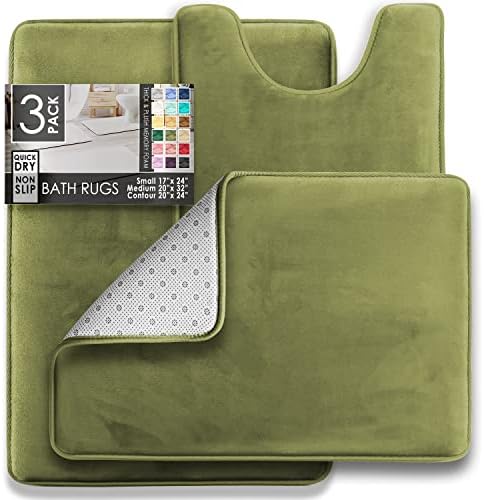 Clara Clark 3 Piece Bathroom Rugs Bath Mat Set, Velvet Memory Foam Bath Mats for Bathroom - Non-Slip, PVC Backing Bath Rugs, Washable - Dries Quickly, Green - Image 2