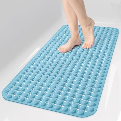 OTHWAY Bath Tub Shower Mat Non Slip, Bathtub Floor Liner Mats for Inside Shower Bathroom, Suction Cups and Drain Holes for Feet Scrubbing, Machine Washable, Soft on Feet, 35x16 Inch, Blue by OTHWAY