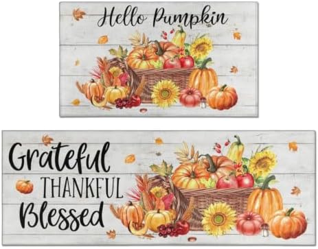 Fall Kitchen Rugs Set of 2,Fall Entrance Door Mats Wood Grain Pumpkin Non Slip Kitchen Rug,Washable Anti Fatigue Mat,Kitchen Floor Washable Runner Rug,Autumn Thanksgiving Kitchen Laundry 17x30+17x47In by Twyt+decor