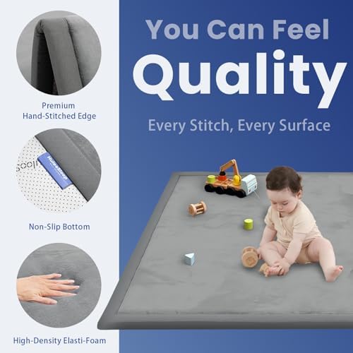 Huloo Sleep Ultra Soft Baby Play Mat for Floor, 1.3" Thick Elasti-Foam 65x50 Play Mat for Playpen,Water-Repellent Coral Velvet for Tummy Time, Non-Slip Backing,Safe for Toddlers & Infants（Dark Grey） - Image 6