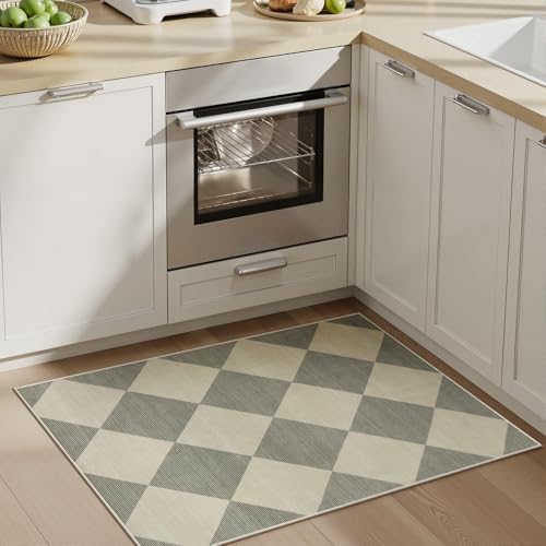 Beeiva Checkered Washable Entryway Rug 2x3, Non Slip Ultra Thin Green Front Door Mat Indoor Entrance Low Pile Small Kitchen Rug, Moroccan Contemporary Decor Neutral Accent Carpet for Bedroom Bathroom - Image 3