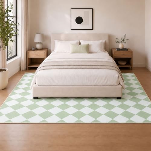 8x10 Checkered Area Rug for Living Room, Soft Low Pile Green Rugs - Image 2