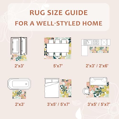 Tyrot Boho Floral Living Room Rug, 5x7 Rug Washable Tropical Botanical Area Rugs Flat Woven Ultra-Thin Non Slip Low Pile Carpet for Bedroom, Dining Room, Office, Kids Room, Pink Green - Image 6